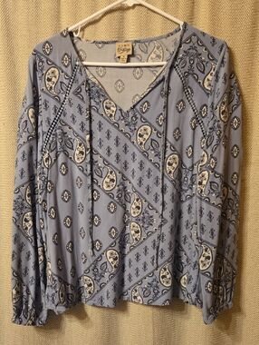Umgee Blue Printed V-Neck Tie-Front Long Sleeve Tunic